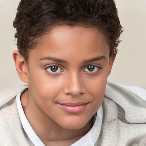 Joyful white child female with short  brown hair and brown eyes