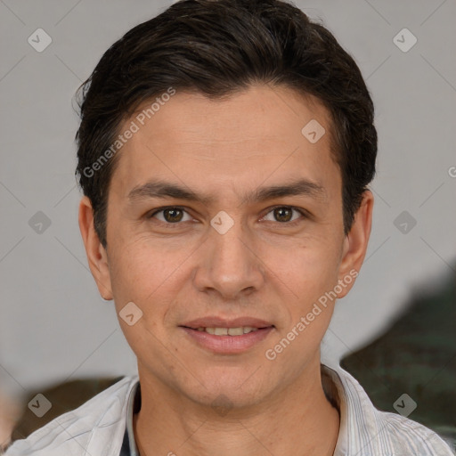 Joyful white adult male with short  brown hair and brown eyes