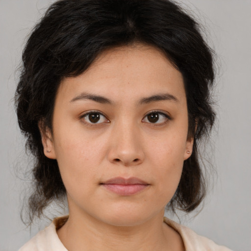 Neutral asian young-adult female with medium  brown hair and brown eyes