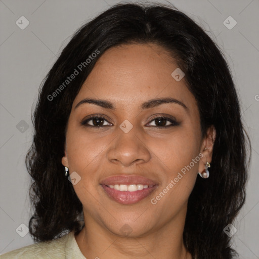 Joyful black young-adult female with medium  brown hair and brown eyes