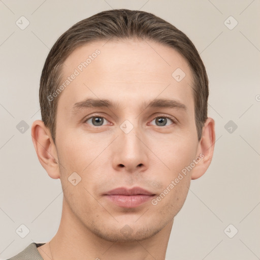 Neutral white young-adult male with short  brown hair and grey eyes