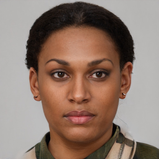 Neutral latino young-adult female with short  brown hair and brown eyes