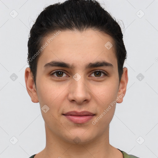 Joyful white young-adult male with short  brown hair and brown eyes