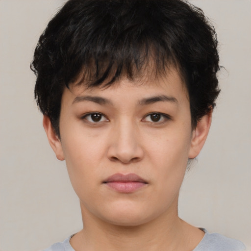 Neutral asian young-adult female with short  black hair and brown eyes