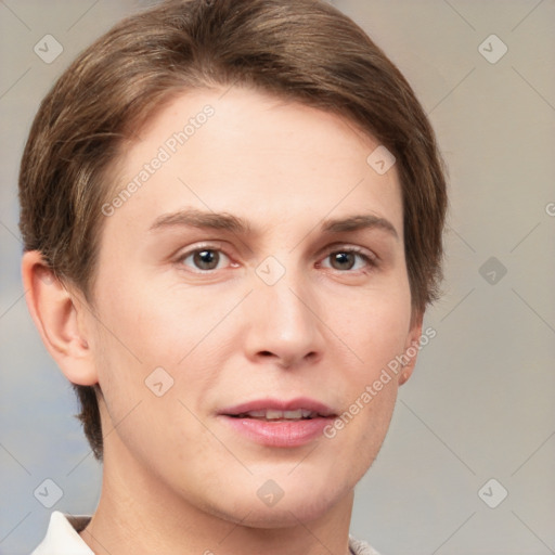 Joyful white young-adult female with short  brown hair and grey eyes