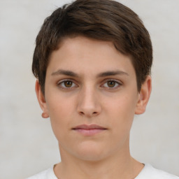 Neutral white young-adult female with short  brown hair and brown eyes