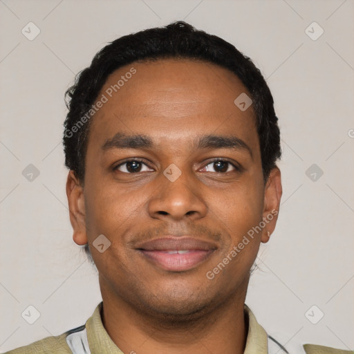Joyful latino young-adult male with short  black hair and brown eyes