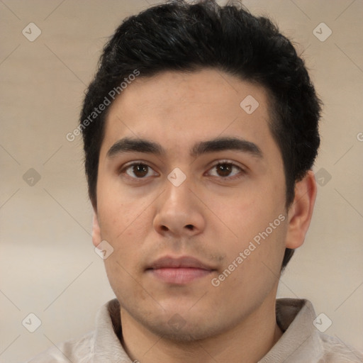 Neutral latino young-adult male with short  black hair and brown eyes