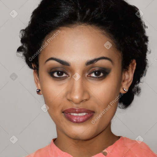 Joyful latino young-adult female with short  black hair and brown eyes