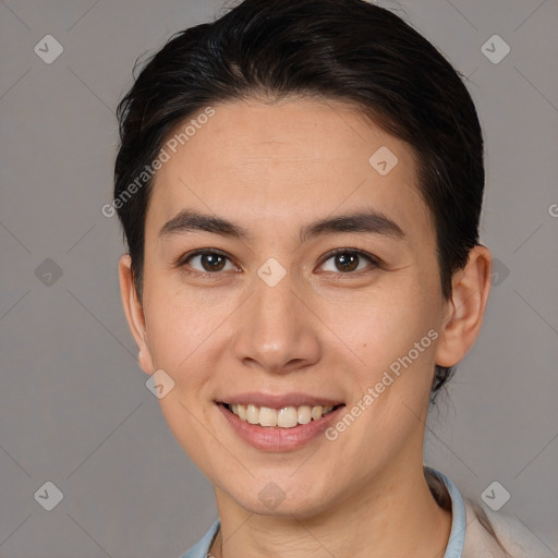 Joyful white young-adult female with short  brown hair and brown eyes