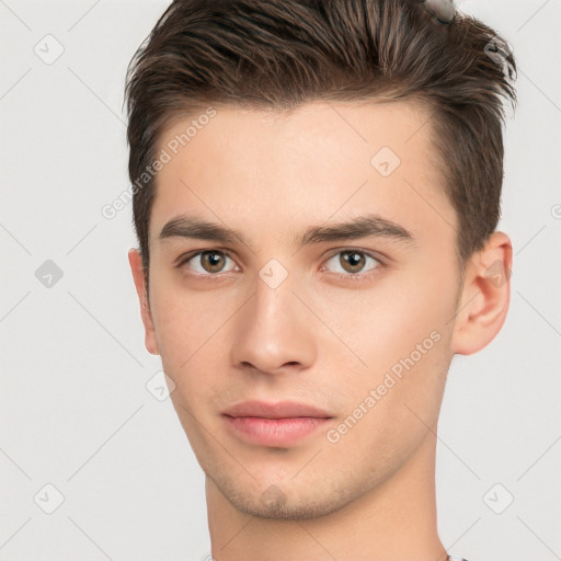 Neutral white young-adult male with short  brown hair and brown eyes