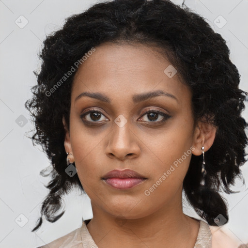 Neutral black young-adult female with long  brown hair and brown eyes