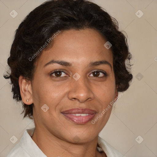 Joyful latino adult female with medium  brown hair and brown eyes