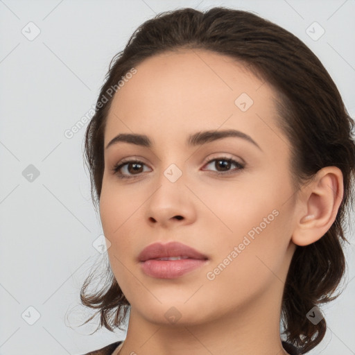 Neutral white young-adult female with medium  brown hair and brown eyes