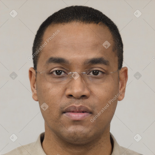 Neutral black young-adult male with short  black hair and brown eyes