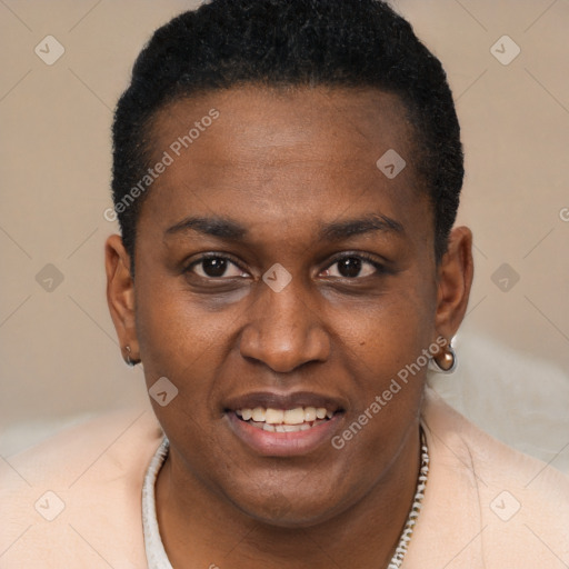 Joyful black young-adult female with short  brown hair and brown eyes