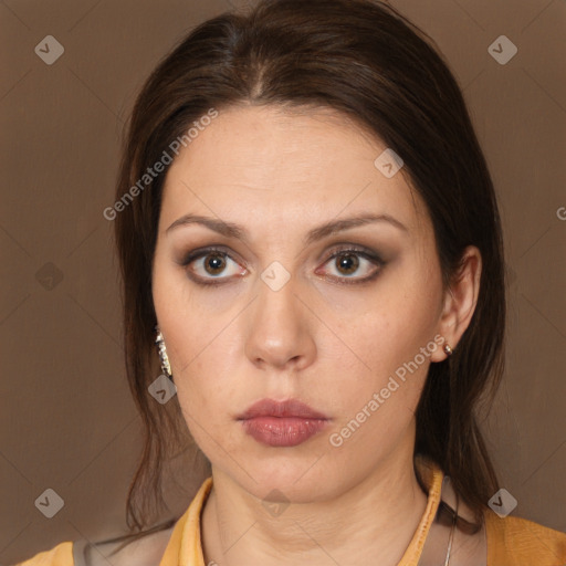 Neutral white young-adult female with medium  brown hair and brown eyes