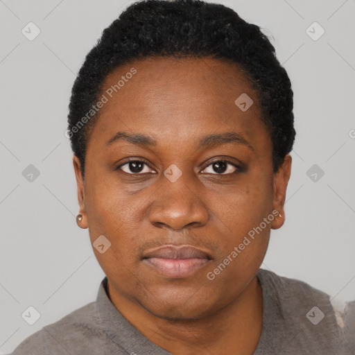 Neutral black young-adult female with short  black hair and brown eyes