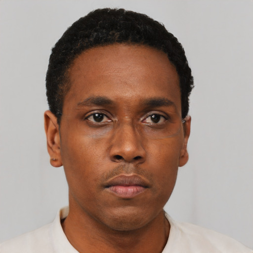 Neutral black adult male with short  black hair and brown eyes