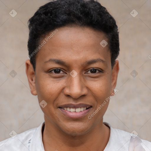 Joyful latino young-adult female with short  black hair and brown eyes