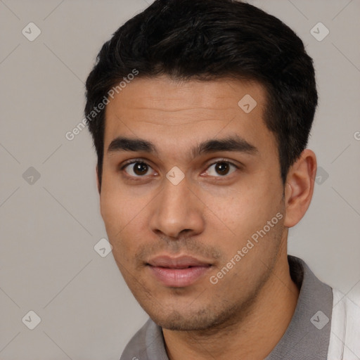 Neutral latino young-adult male with short  black hair and brown eyes