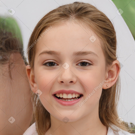 Joyful white child female with medium  brown hair and brown eyes