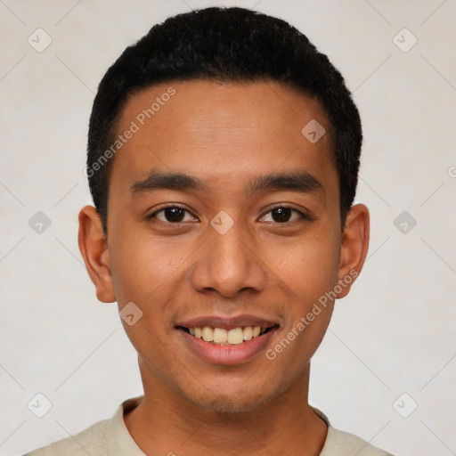 Joyful latino young-adult male with short  black hair and brown eyes