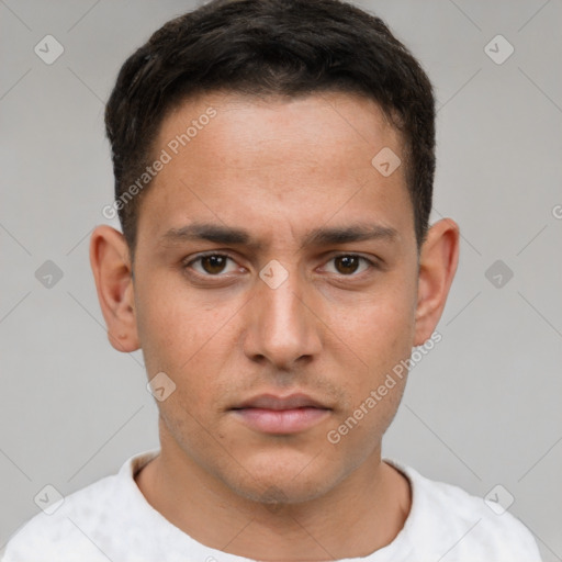 Neutral white young-adult male with short  brown hair and brown eyes