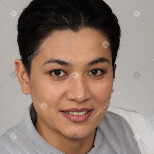 Joyful latino young-adult female with short  brown hair and brown eyes