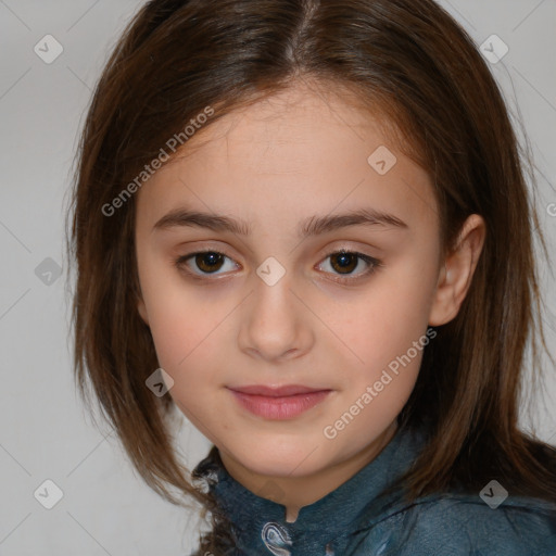 Joyful white child female with medium  brown hair and brown eyes