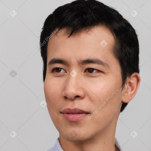 Neutral asian young-adult male with short  black hair and brown eyes