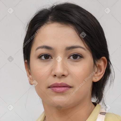 Neutral asian young-adult female with medium  brown hair and brown eyes