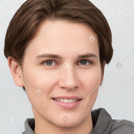 Joyful white young-adult female with short  brown hair and grey eyes