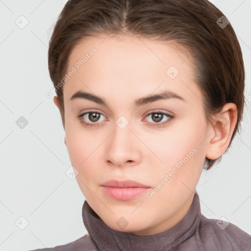 Neutral white young-adult female with short  brown hair and brown eyes