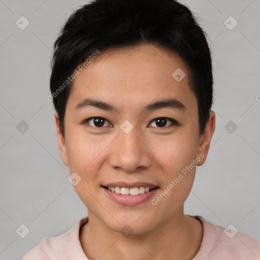 Joyful asian young-adult female with short  brown hair and brown eyes