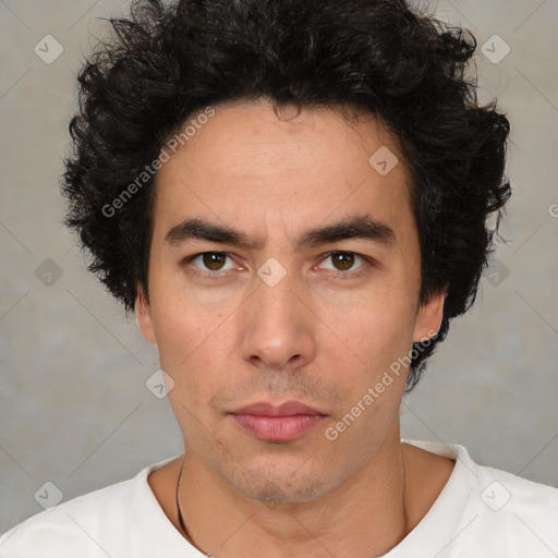 Neutral white young-adult male with short  black hair and brown eyes