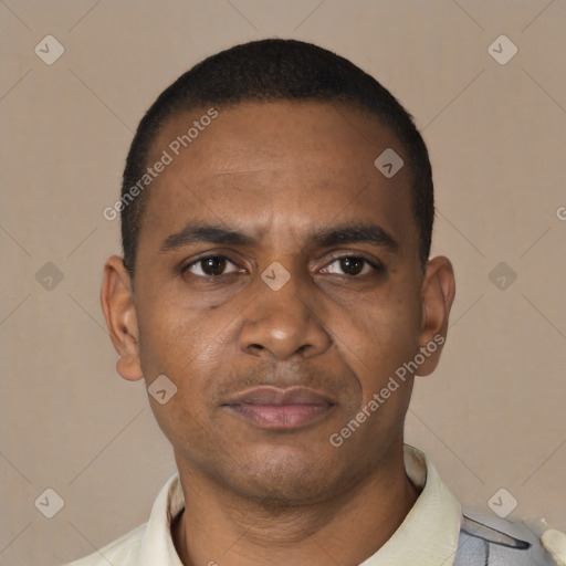 Neutral black young-adult male with short  black hair and brown eyes