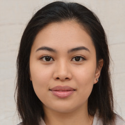 Joyful asian young-adult female with medium  brown hair and brown eyes