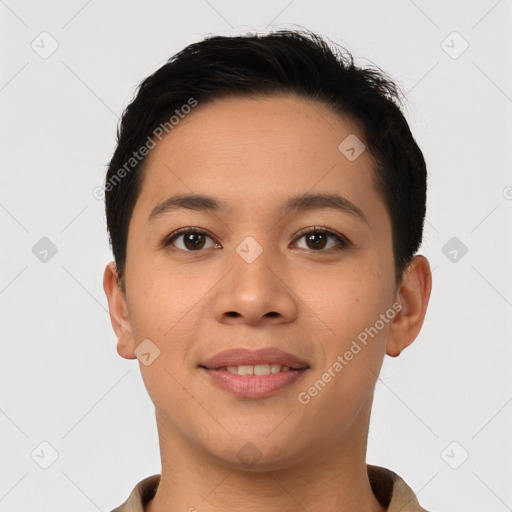 Joyful latino young-adult female with short  brown hair and brown eyes