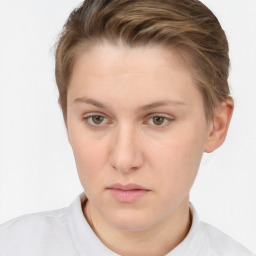 Neutral white young-adult female with short  brown hair and brown eyes