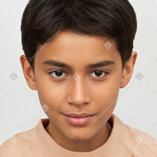 Joyful white child male with short  brown hair and brown eyes