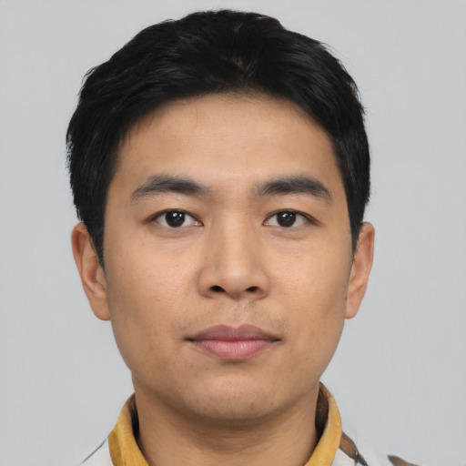 Neutral asian young-adult male with short  black hair and brown eyes
