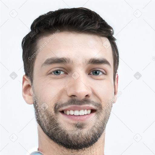 Joyful white young-adult male with short  black hair and brown eyes