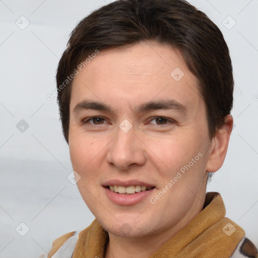 Joyful white young-adult female with short  brown hair and brown eyes