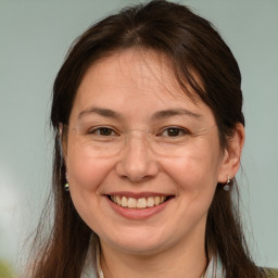 Joyful white adult female with medium  brown hair and brown eyes