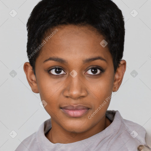 Neutral black young-adult female with short  black hair and brown eyes