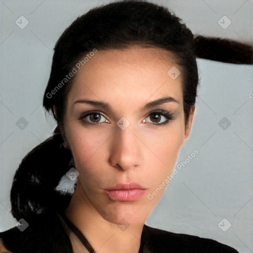 Neutral white young-adult female with short  brown hair and brown eyes