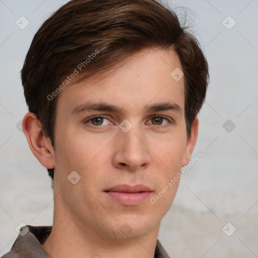 Neutral white young-adult male with short  brown hair and grey eyes