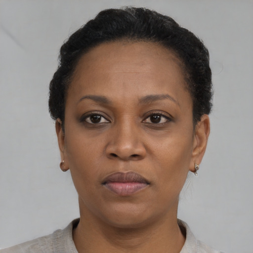 Neutral black adult female with short  brown hair and brown eyes