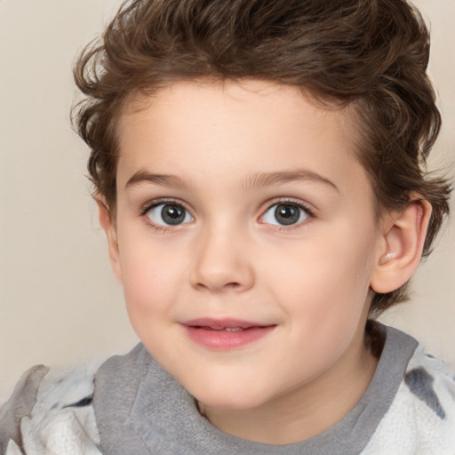 Joyful white child female with short  brown hair and brown eyes